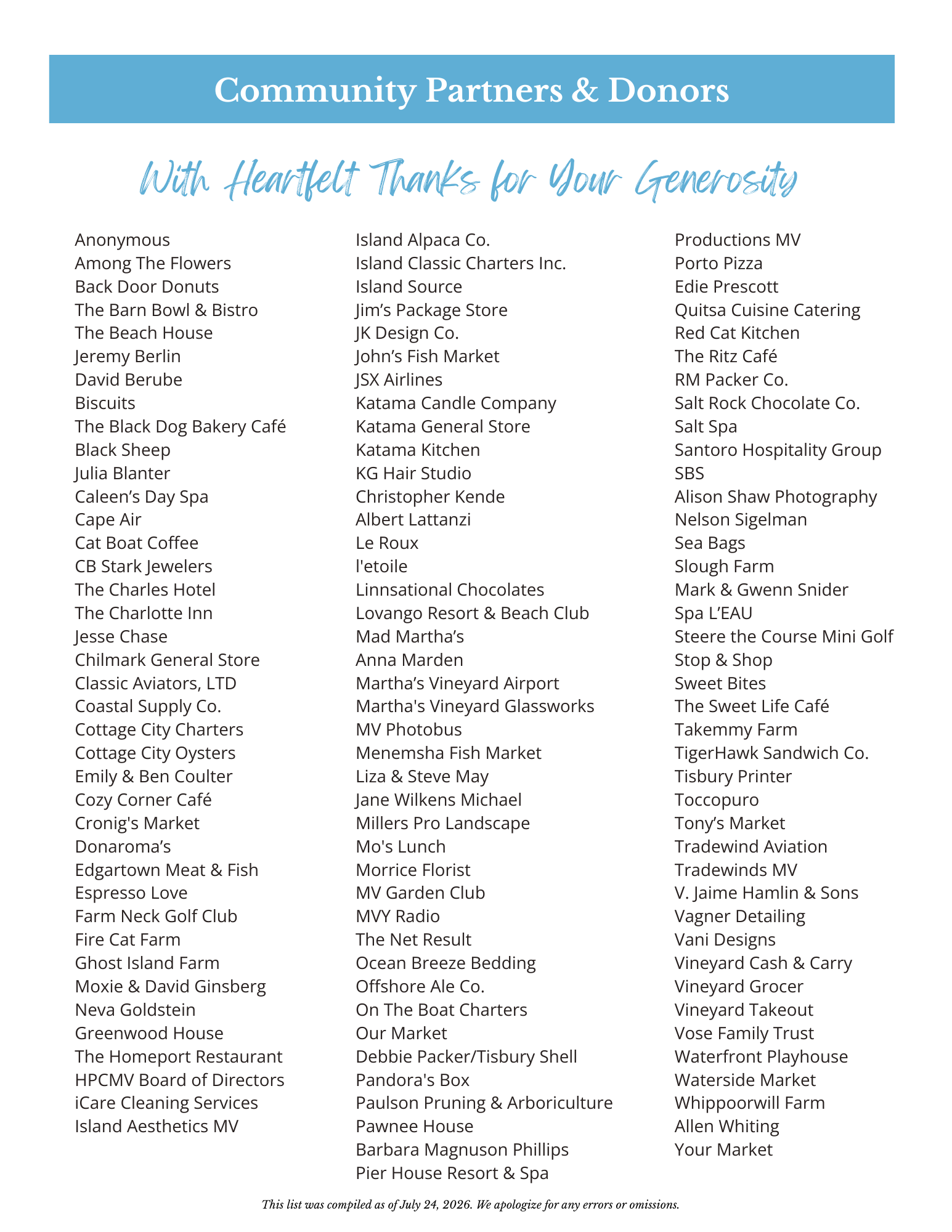 2026 Soiree partners and donors
